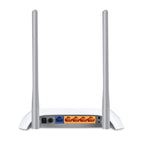 White wireless router with two tall antennas, blue WAN port, and four orange LAN ports
