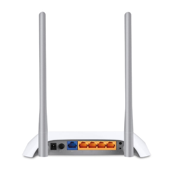 White wireless router with two tall antennas, blue WAN port, and four orange LAN ports