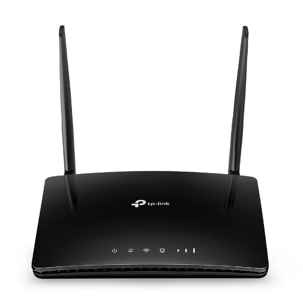Black TP-Link wireless router with two antennas and LED status indicators on front panel