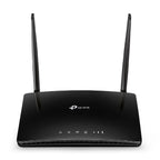 Black TP-Link wireless router with two antennas and LED status indicators on front panel