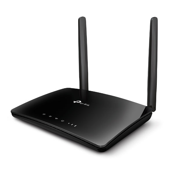 Black TP-Link wireless router with two external antennas and status LEDs