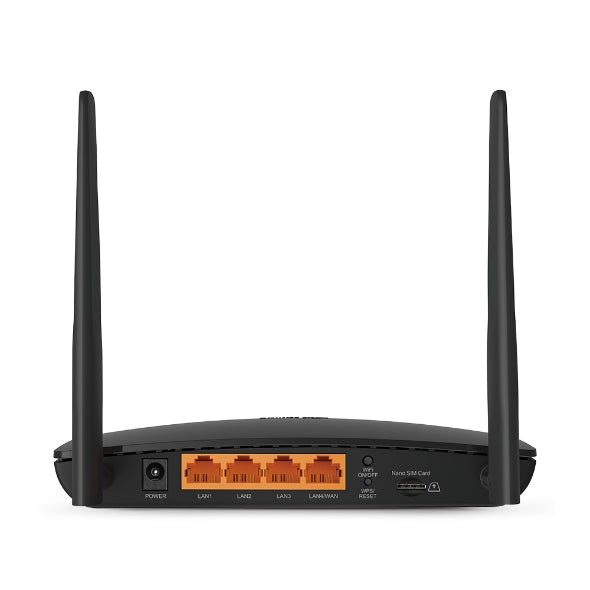 Back view of black WiFi router with dual antennas, four LAN ports, power input, and nano SIM card slot