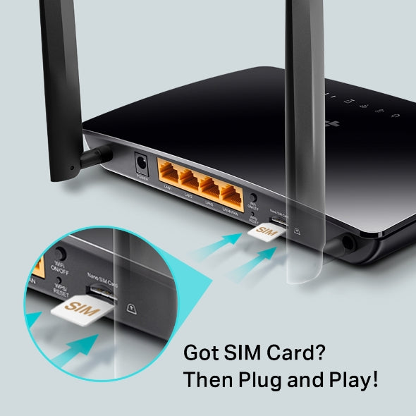 Black 4G LTE router with dual antennas and SIM card slot, showing plug and play connectivity