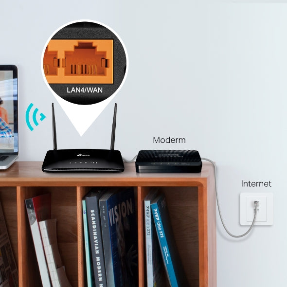 Home networking setup with TP-Link wireless router and modem on wooden shelf connected to internet port