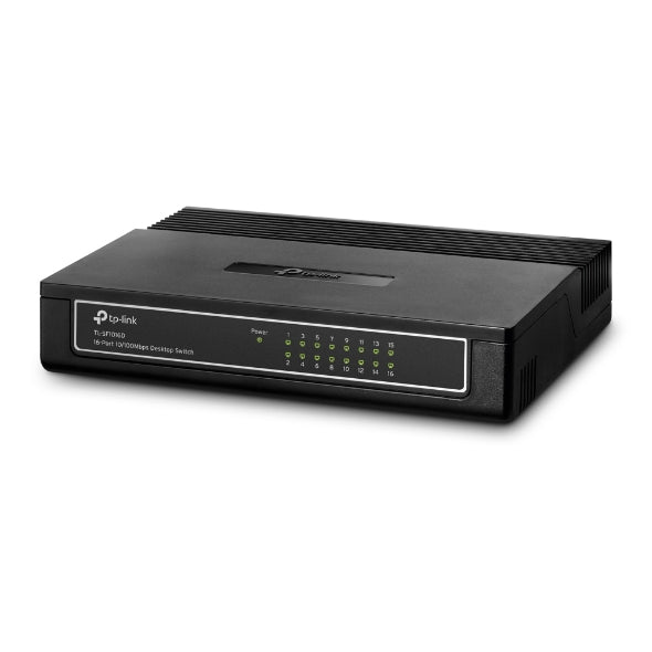 TP-Link 16-port 10/100Mbps desktop network switch with LED indicators on black casing