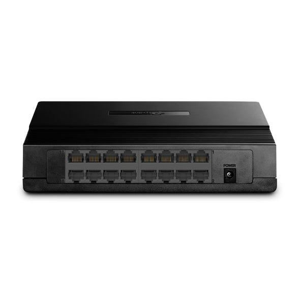 Black network switch with 16 Ethernet ports and power input on a white background