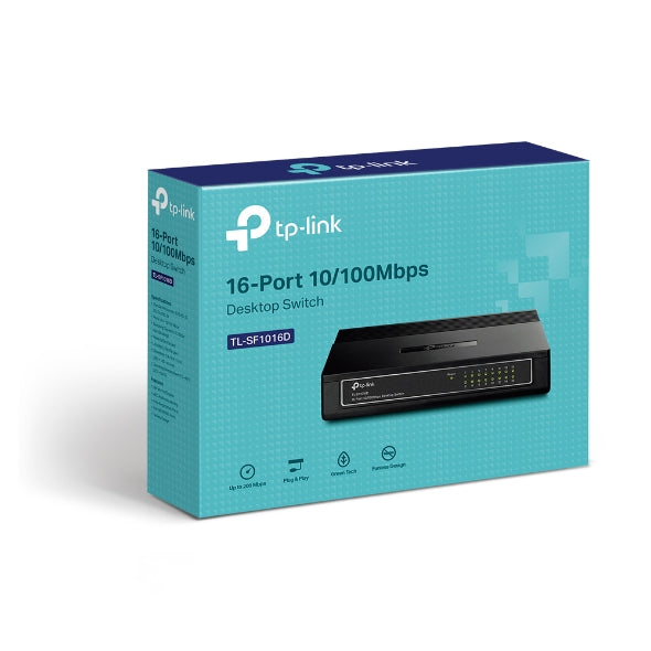 TP-Link 16-Port 10/100Mbps desktop switch box with product image and key features