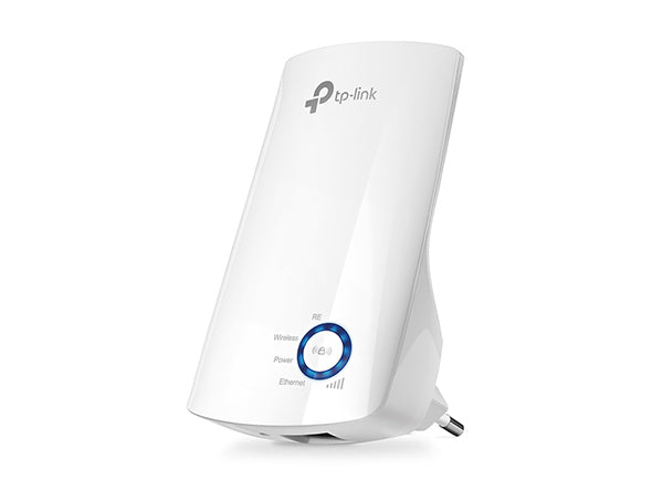 White TP-Link WiFi range extender with LED indicators and plug-in design