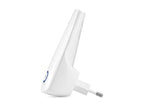 White TP-Link WiFi range extender with European plug on white background