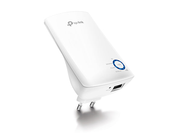 TP-Link white Wi-Fi range extender with plug-in design and LED indicator ring