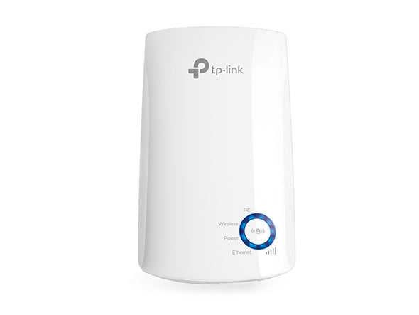 TP-Link white WiFi range extender with LED indicators and WPS button on white background