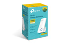 TP-Link N300 Wi-Fi Range Extender TL-WA850RE in white with blue LED on turquoise and yellow box