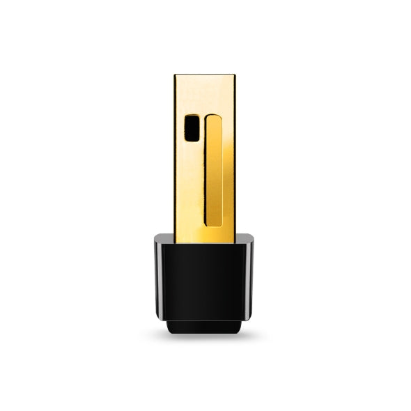 Close-up of gold USB connector with black plastic base on white background