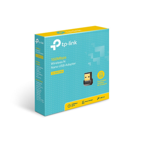 TP-Link 150Mbps Wireless N Nano USB Adapter TL-WN725N packaging box with blue and yellow design