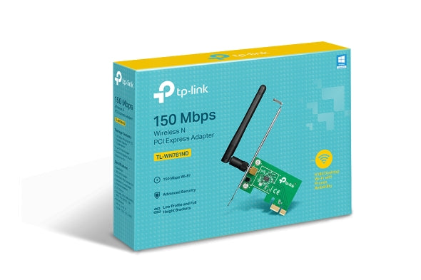 TP-Link 150 Mbps Wireless N PCI Express Adapter TL-WN781ND with external antenna on blue packaging box