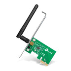 TP-Link wireless network PCIe adapter card with external black antenna and green circuit board