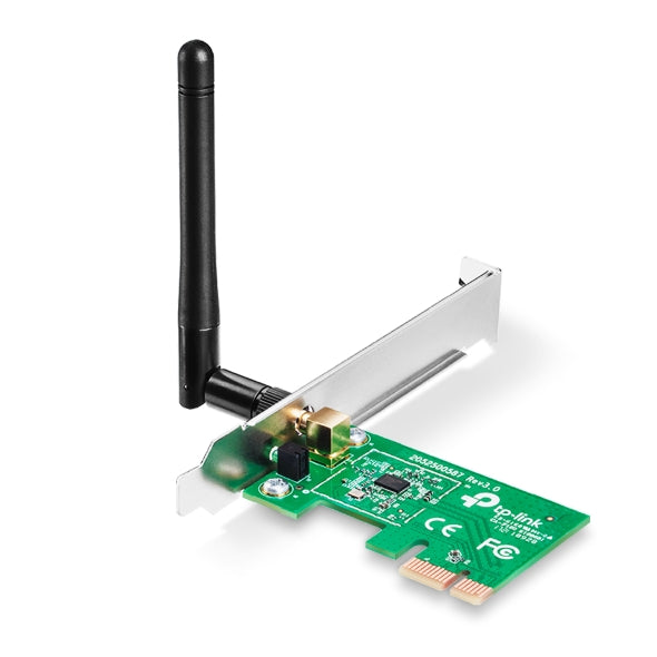 TP-Link wireless PCIe network adapter card with external black antenna on white background