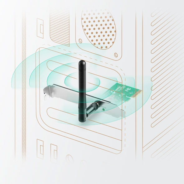 Wireless PCI network adapter with external antenna installed in desktop computer tower emitting WiFi signal