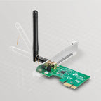 TP-Link wireless PCIe network adapter with adjustable external antenna on gray grid background