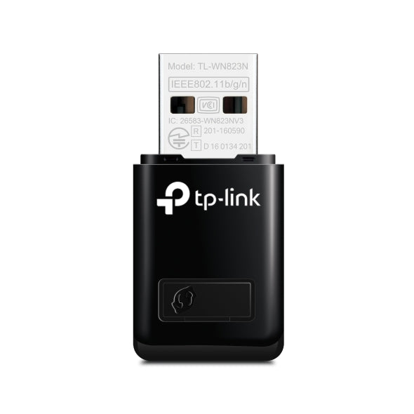 TP-Link TL-WN823N USB WiFi adapter in black with model and certification details