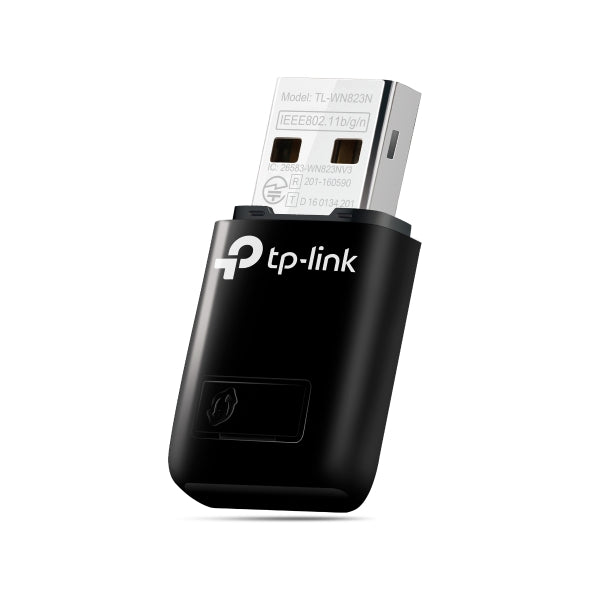 TP-Link TL-WN823N USB WiFi adapter in black with silver connector, IEEE 802.11b/g/n standard