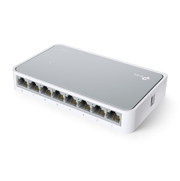 TP-Link 8-port Ethernet network switch with gray top and white body for wired connectivity