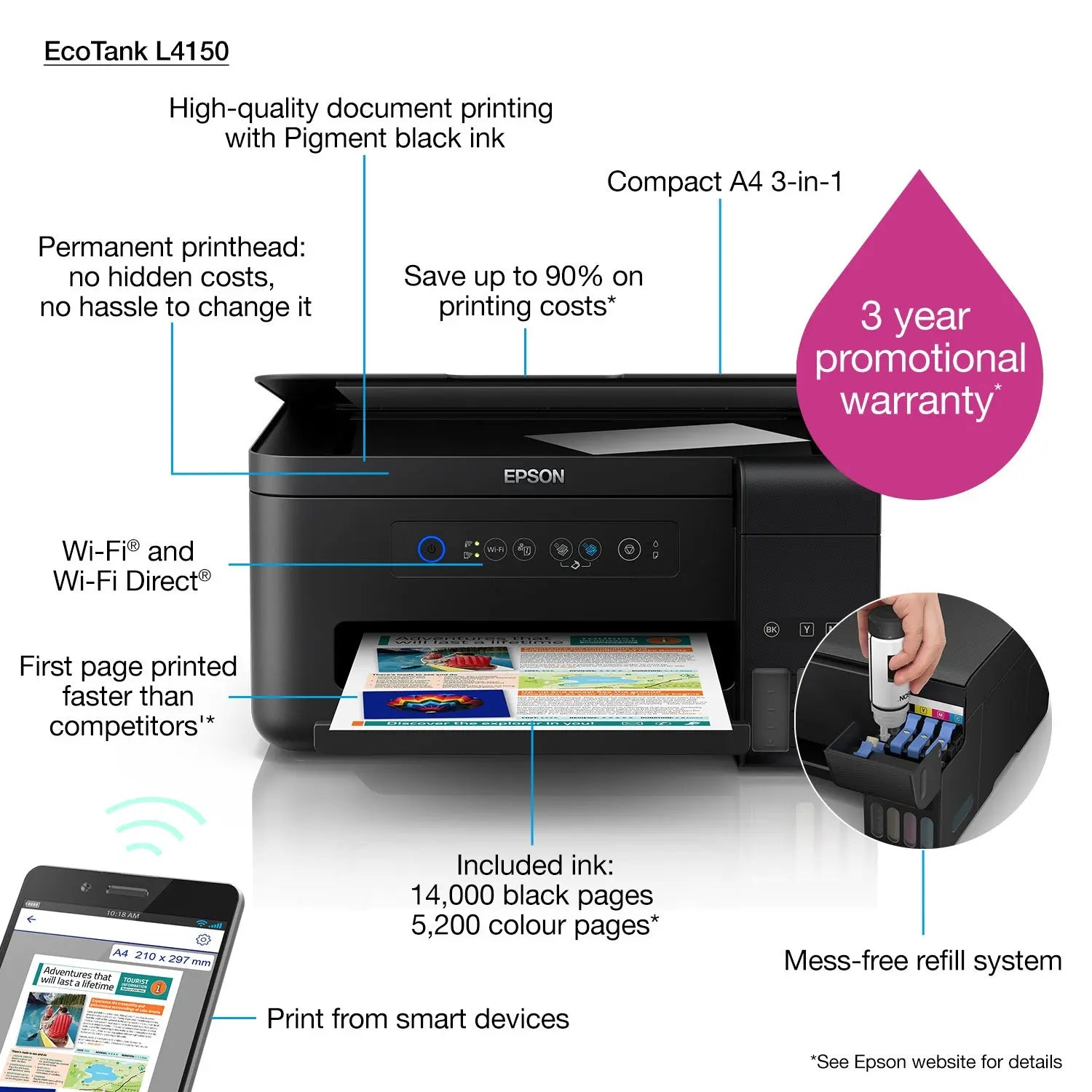 Epson EcoTank L4150 Printer – Wireless InkTank Printer | Print Scan Copy | High Yield