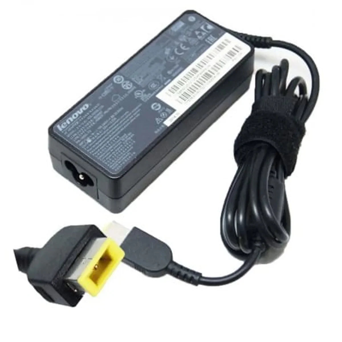 Lenovo black laptop USB charger with yellow rectangular connector and coiled power cable with strap
