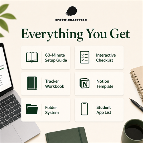 Everything included in the Student Laptop Setup Kit with setup guide, checklist, workbook, Notion template, folder system, and app list.