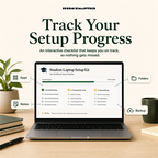 Interactive checklist preview showing setup progress, apps, folders, notes, and backup.