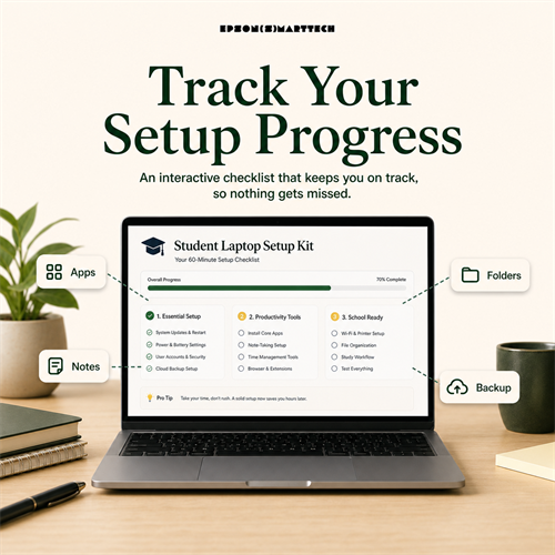 Interactive checklist preview showing setup progress, apps, folders, notes, and backup.