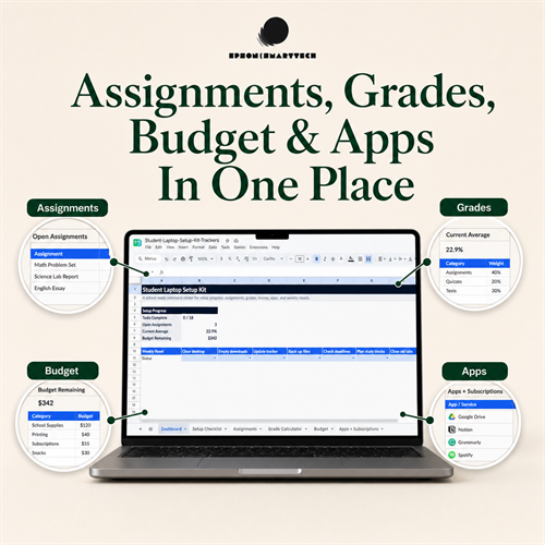 Tracker workbook preview for assignments, grades, budget, and apps in one place.