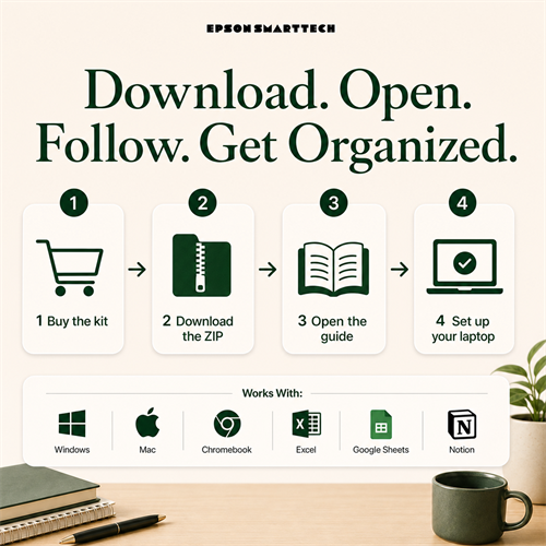 How the Student Laptop Setup Kit works: buy, download the ZIP, open the guide, and set up your laptop.