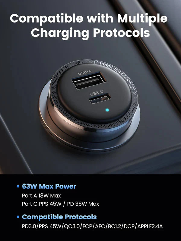 UGREEN EC701 63W Fast Car Charger – Dual Port (USB-C & USB-A) for Laptops and Phones